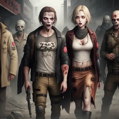 com roupa de apocalipse, numbers 34 in clothes on the sleeve and chest, apocalyptic scenario with zombies behind.