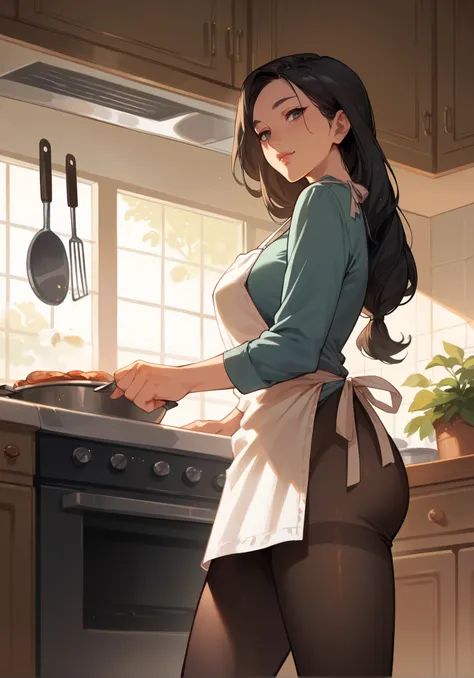 1girl, solo, mother, milf, mature female, perfect face, perfect lighting, Black Hair, Straight Hair, Long hair tied in a low pos...