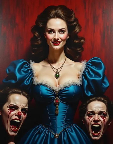 In a masterfully crafted oil painting, Countess Elizabeth Báthory gazes seductively at the viewer with an unholy grin, her volup...