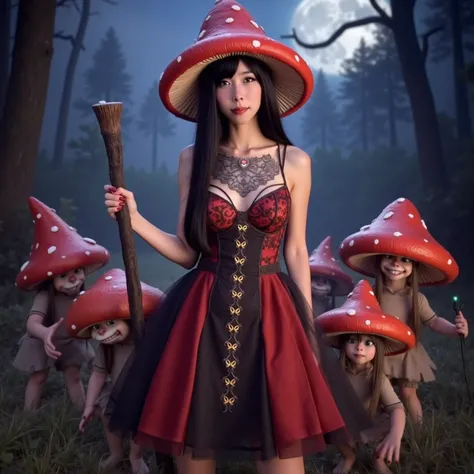 the mushroom sorcerers (cute, age 20, sexy mushroom themed revealing gown with arcane symbols, mushroom hat, magic staff) is lea...