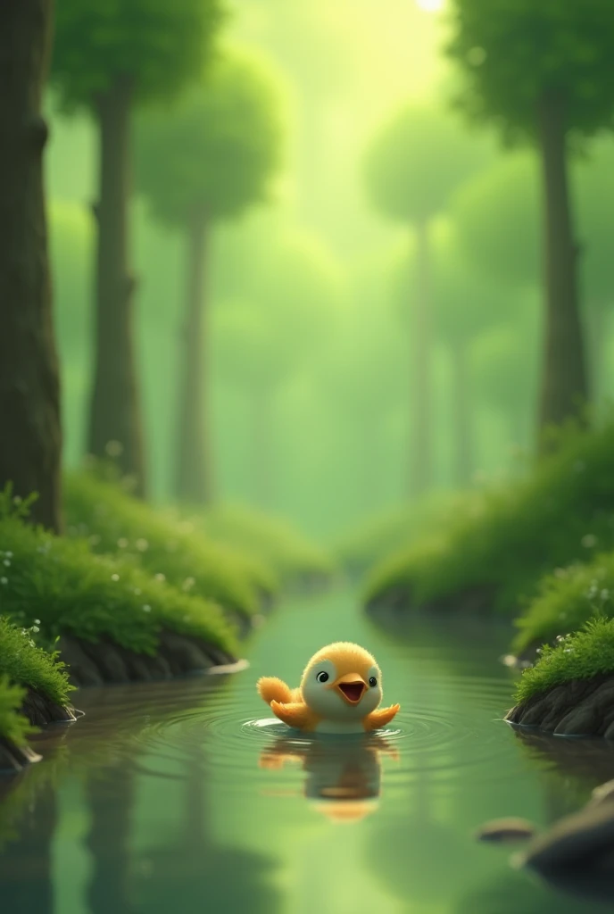 "A peaceful green forest with a baby bird that has fallen from its nest into a small puddle. The baby bird is struggling, flappi...