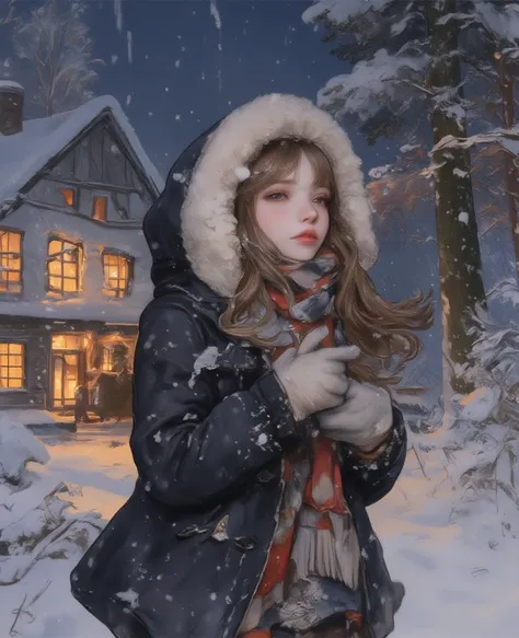 gently pouring down in a realistic winter scene   、   long haired anime girl    ,       flowing hair   ,  wear comfortable cloth...