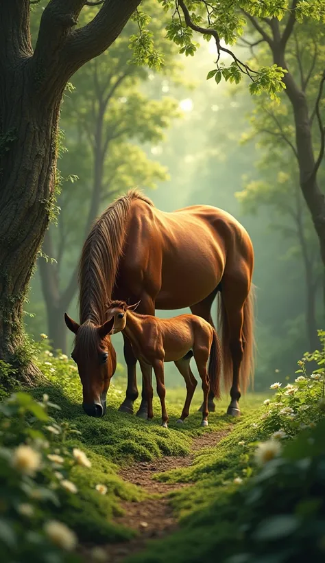 majestic horse and her foal grazing peacefully in a lush green forest