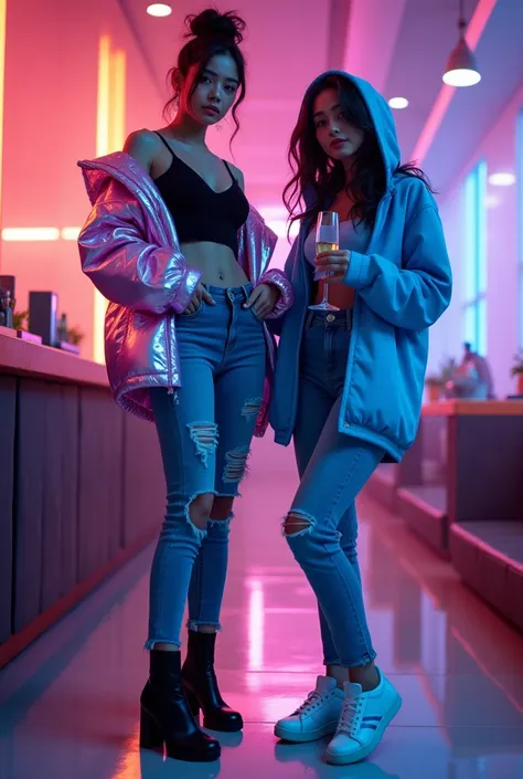 a two giant beautiful korean woman towering above the camera in a fancy and futuristic night club, one beautiful korean women , ...