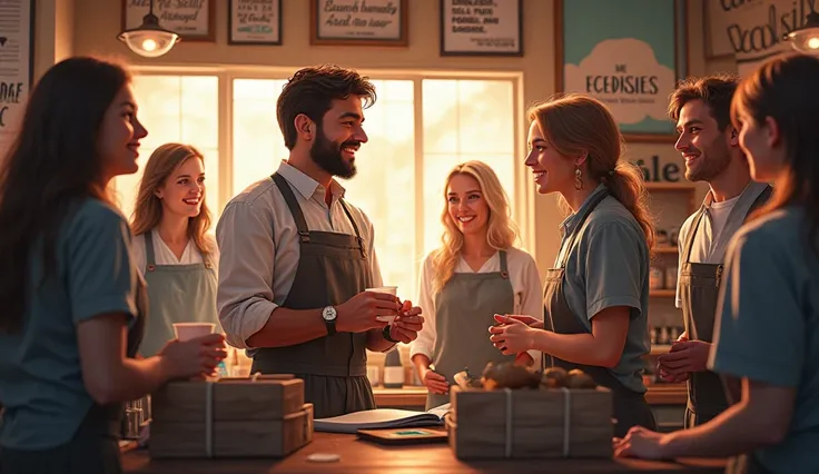 Imagine a realistic HD digital illustration: a merchant working in his store, surrounded by happy customers. The environment is ...