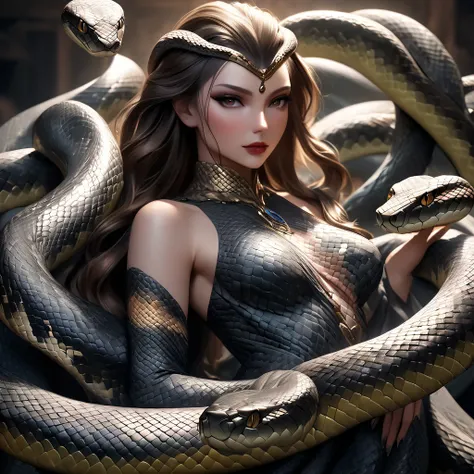 realistic, live photo 8k quality, based on perfectly correct anatomy, a work of art, snake woman, a beautiful woman whose skin h...