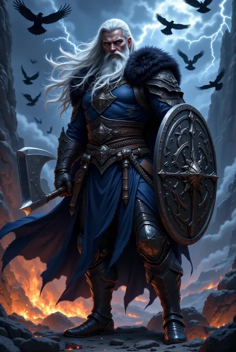 this is a digital artwork depicting a fierce, bearded warrior in a medieval or fantasy setting. the warrior, with long, flowing ...