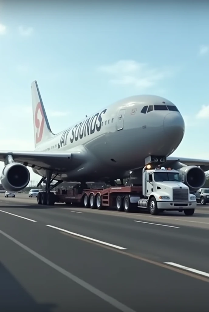 Generate a video of an aeroplane being transported or carried by a truck ...the plane should be written " JAY SOUNDS" and the na...