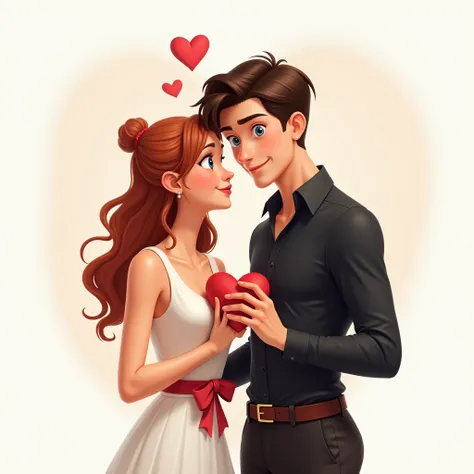 "A highly realistic depiction of a couple in a modern, romantic art style. The woman has long, wavy auburn hair tied back and vi...