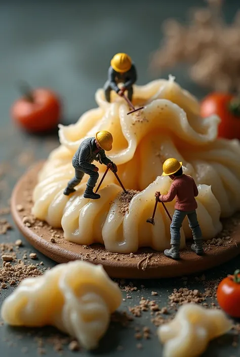 A professional macro photograph of a decayed and chipped dumplings with multiple microscopic human workers have tools, equipment...