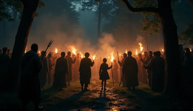 Villagers with torches and sticks surrounding a group of men in the forest at night, with the old man and boy standing nearby.