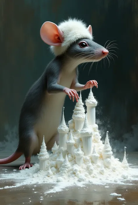 a rat with ushanka making a kingdom out of white powder