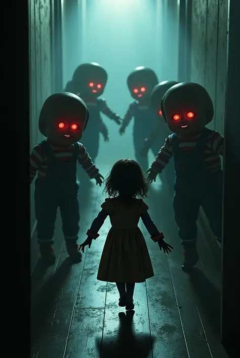 Prompt: "The dolls suddenly start moving, their eyes glowing in the dark, as they begin to chase Emma