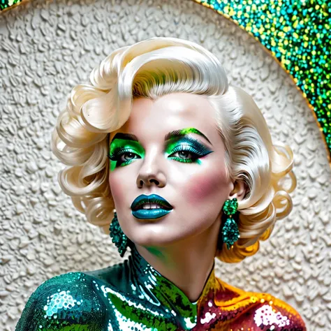 Marilyn Monroe Vikin Punk's face with realistic 3d makeup 4k glitter portrait surrealist artistic bust of Marilyn Monroe with br...