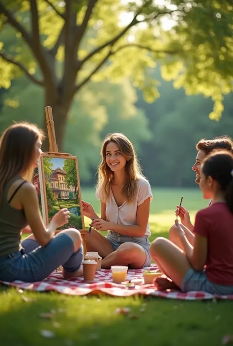 She's sitting with friends around her in the park and doing paintings 