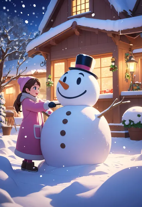 a  girl is happily sculpting a big snowman with a bucket on his head, in winter season, thick snow, colorful like a dream, in pi...