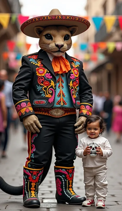 "A proud anthropomorphic figure with the head of a jaguar, wearing a colorful traditional Mexican charro suit with intricate emb...