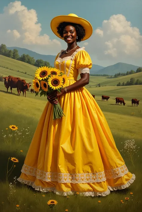 oil painting of a beautiful black woman wearing a yellow victorian-era dress with a yellow hat holding a bouquet of sunflowers i...