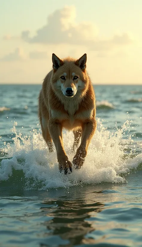 create an image of humanoid animal for example man+dog. humanoid animal walking on the ocean