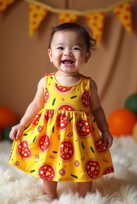 a cute baby model wearing a vibrant pizza-themed dress, beaming with joy. the dress is decorated with large, colorful pizza slic...