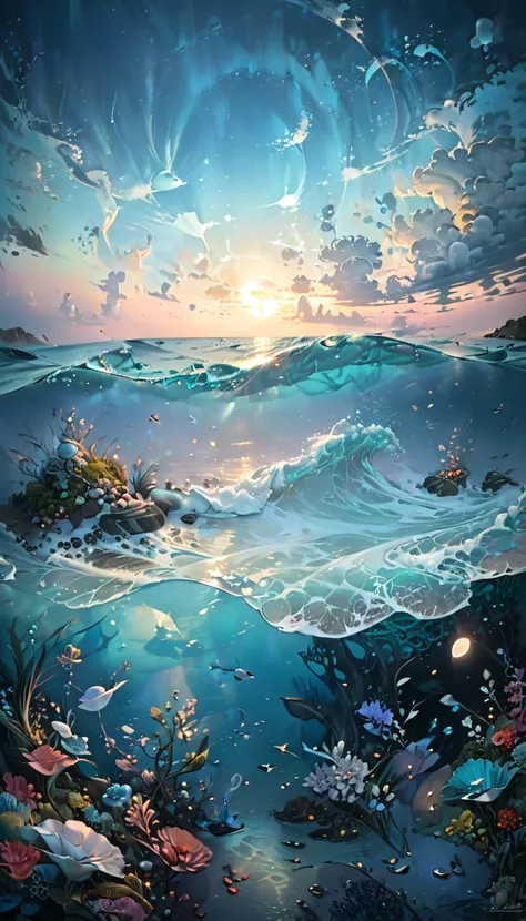 A fantastical seascape with a mystical and serene atmosphere, dominated by soft pastel colors, especially shades of pale blue. T...