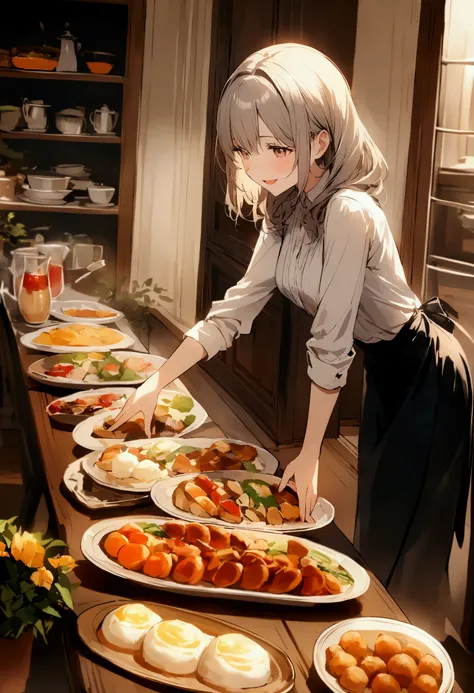 a woman is happy to see the food lined up on the table in the living room