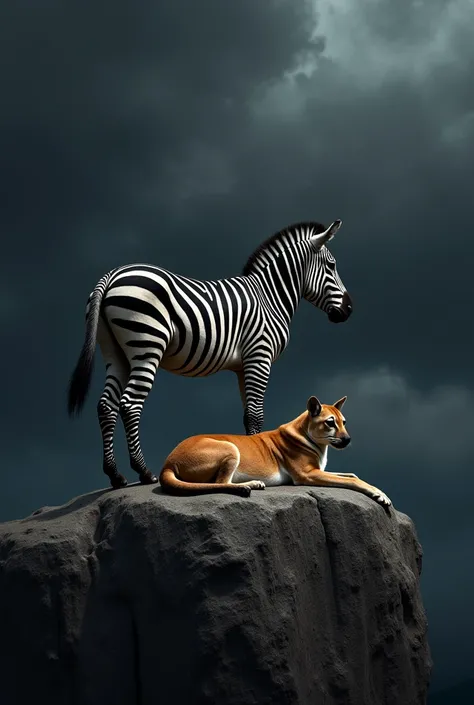 On a massive, weathered rock, two creatures rest together, their forms contrasting yet strangely harmonious. The zebra, its blac...