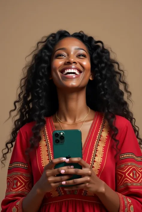 une belle fille noir cheveux long toute contente qui tient son iphone 13pro max avec sa belle robe rouge en dashiki