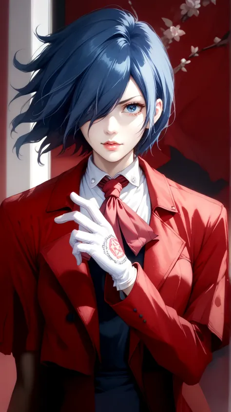 score_9, score_8_up, score_7_up, source_anime, solo, 1girl, kirishima touka, blue hair, hair over one eye, blue eyes, red trench...