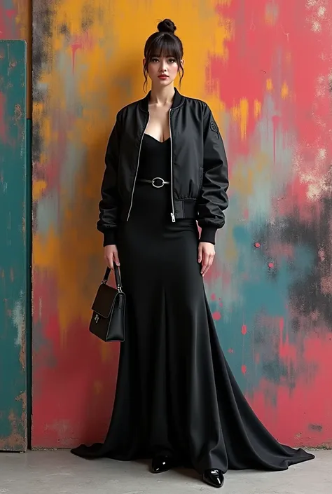 create a fantasy art image of a stylish 3d woman standing infront of a painted wall. she wears an elegant black outfit, includin...