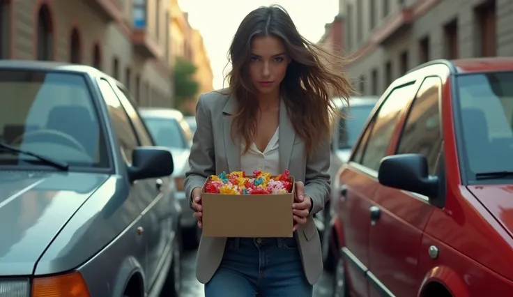 a young woman was walking between the cars with
a box of candy