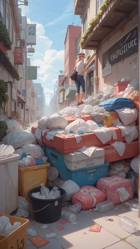 a guillotine ,  a pile of rubbish,  a polluted decor , plastic bottles