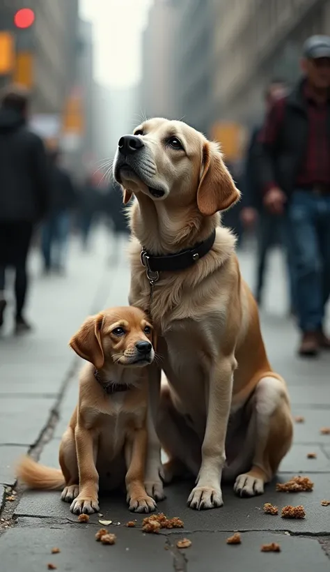 Tommy begged for food, sharing every bite with Luna.
*An old dog with sad eyes looking up at passersby for food, while a

