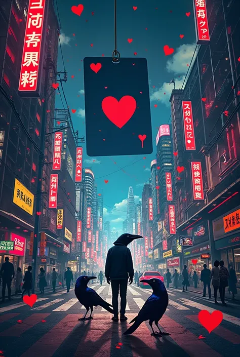 I need a poster with fusion of elements like: a deck of cards, city pop japanese style background, with crows and in the middle ...