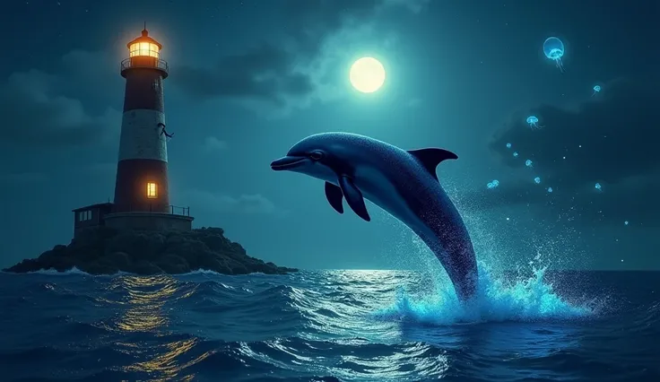 A vibrant nighttime scene featuring a majestic dolphin leaping out of glowing, moonlit water, surrounded by shimmering ripples. ...