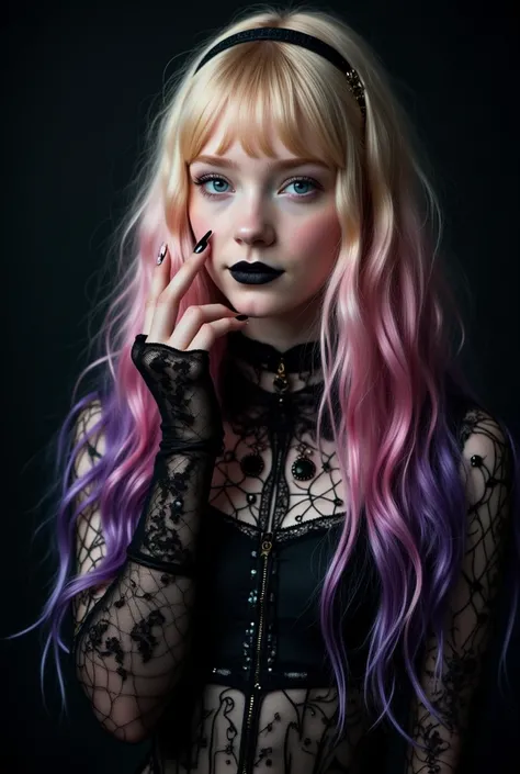 a goth woman stands out against a simple black background, her multicolored long blonde hair - featuring pink and purple hues - ...