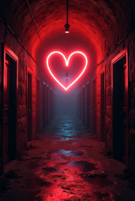 dark cellar with lots of doors and neon lights in the shape of a heart