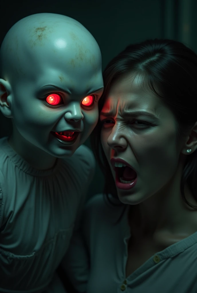 the doll's eyes glowing menacingly, anna screaming in terror.4k