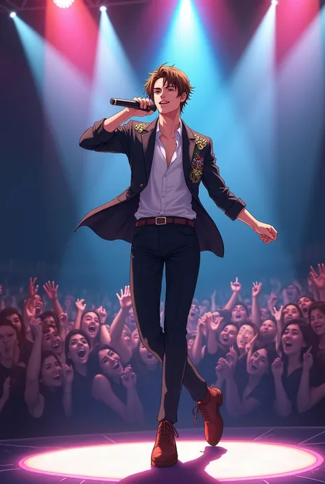 anime guy singing and dancing on stage. he is tall and has short beautiful brown hair and is a famous musician.