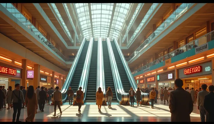 a retro-style mall with escalators