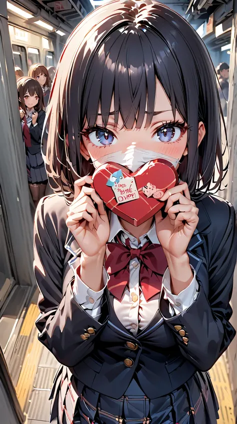 high resolution, top quality, comments,winter school uniform, high school girl, wear a mask, Valentine, chocolate, and watch ...