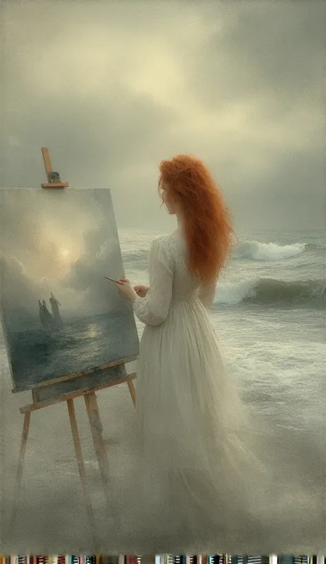 A red-haired artist in a flowing vintage dress stands on Skagen's windswept beach, painting the dramatic meeting of the North an...