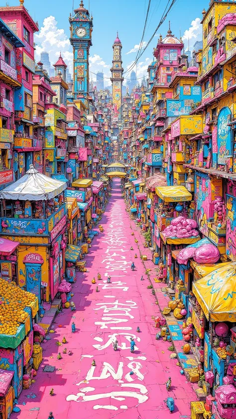  Spiritual art of a town full of graffiti with unrealistic crayons , street vendors painted on pink background, Merchant's Tent ...