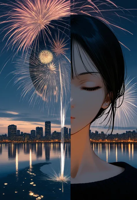 the beautiful colorful fireworks that launch in the sky over the city's beautiful lake overlap seamlessly、double exposure photo ...