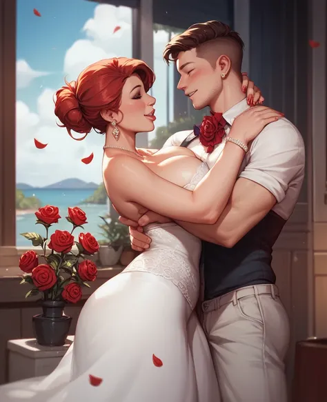 Housewife, 50 years old, large breasts, in love with a 15-year-old boy. The woman is wearing a white dress with red roses on top...