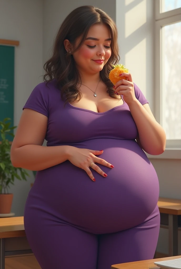 young fat teacher chubby belly protruding outwards in a tight purple dress white bruntte eating poking her own belly realistic