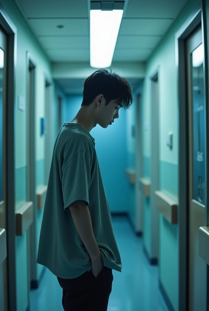  Park Jimin looking through the glass of a hospital room door, He is in the corridor of the hospital  