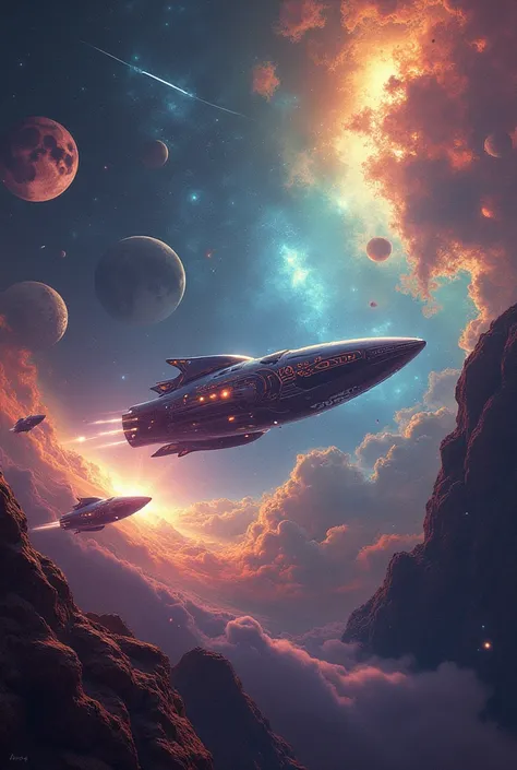 Psychedelic artistic image of extraterrestrial ships in the cosmos traveling between planets and stars
