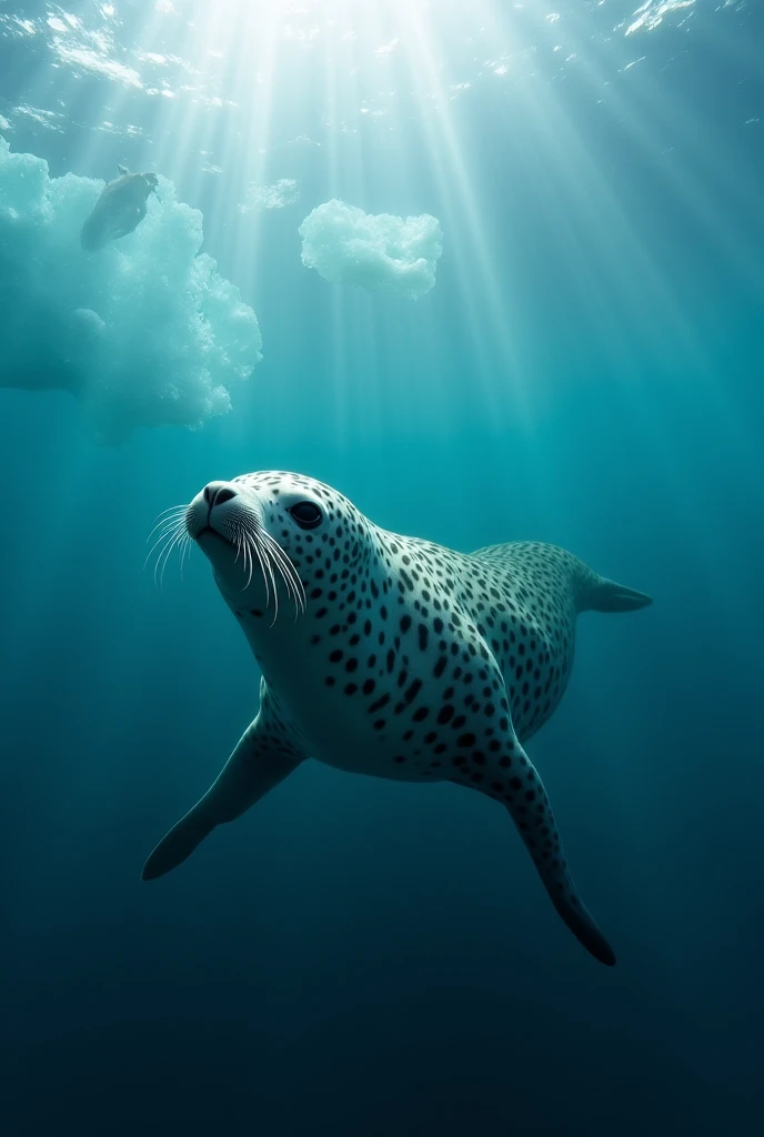 "Just beneath the surface of the icy Antarctic waters, a sleek and powerful leopard seal glides effortlessly, its streamlined bo...