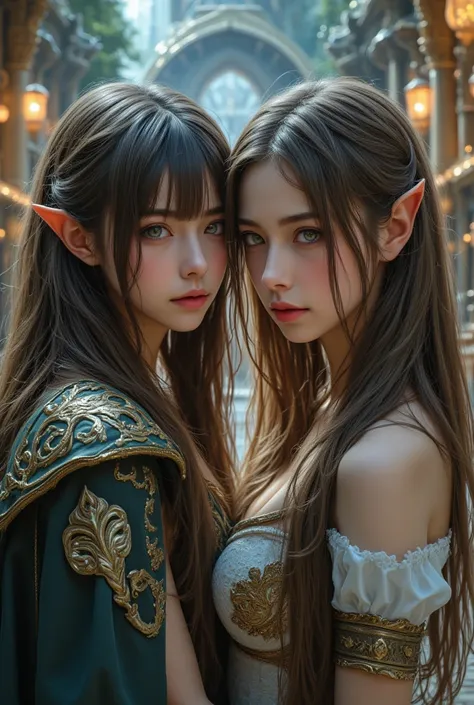 a high fantasy scene with a love triangle between three beautiful detailed high elves, extremely detailed eyes and faces, longey...